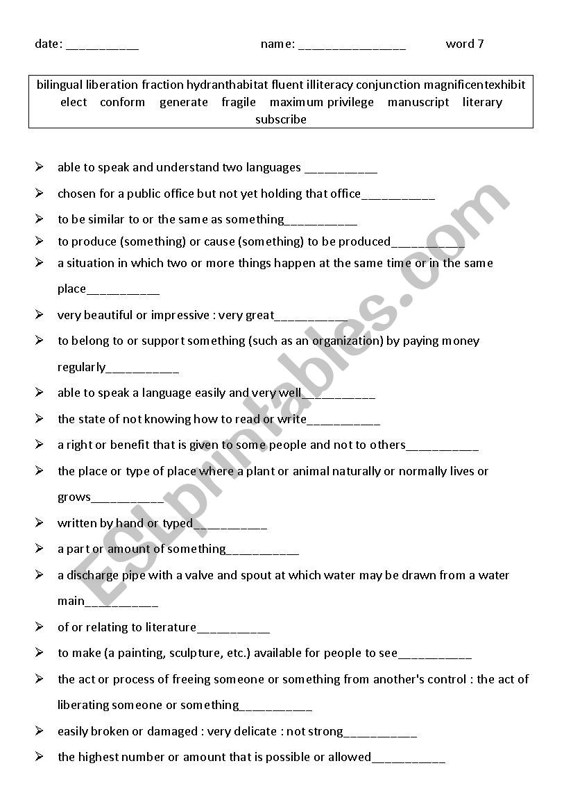 vocabulary/explanations 7 worksheet