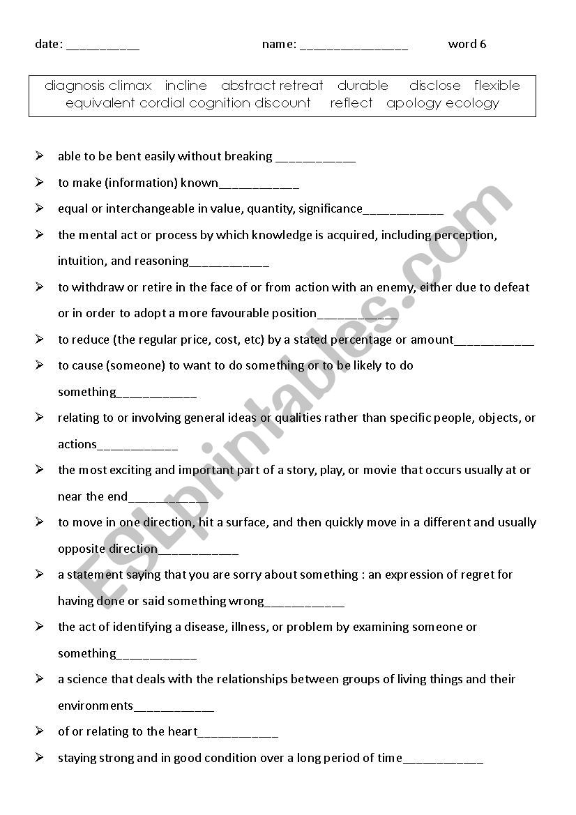 vocabulary/explanations 6 worksheet