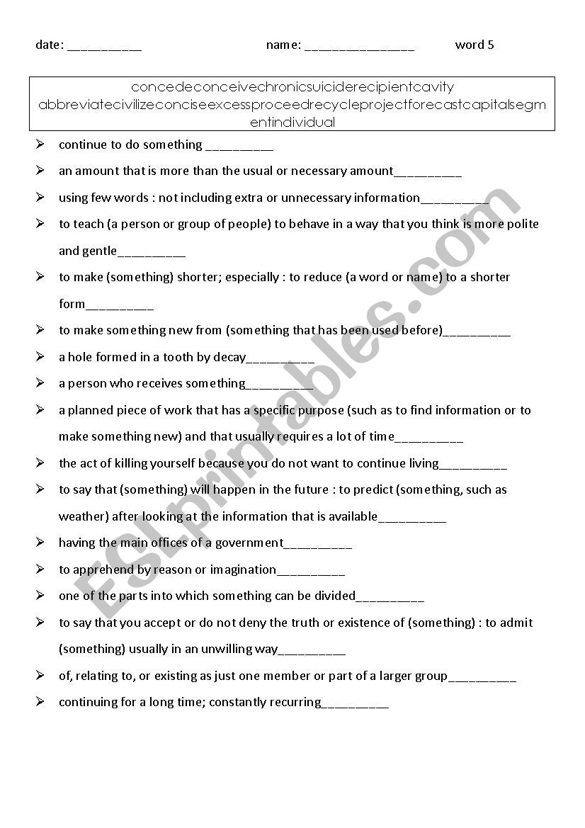 vocabulary/explanations 5 worksheet