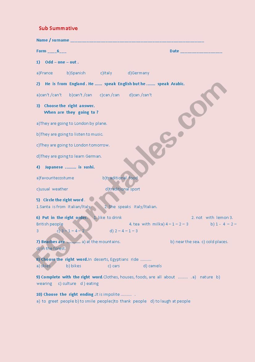 test worksheet