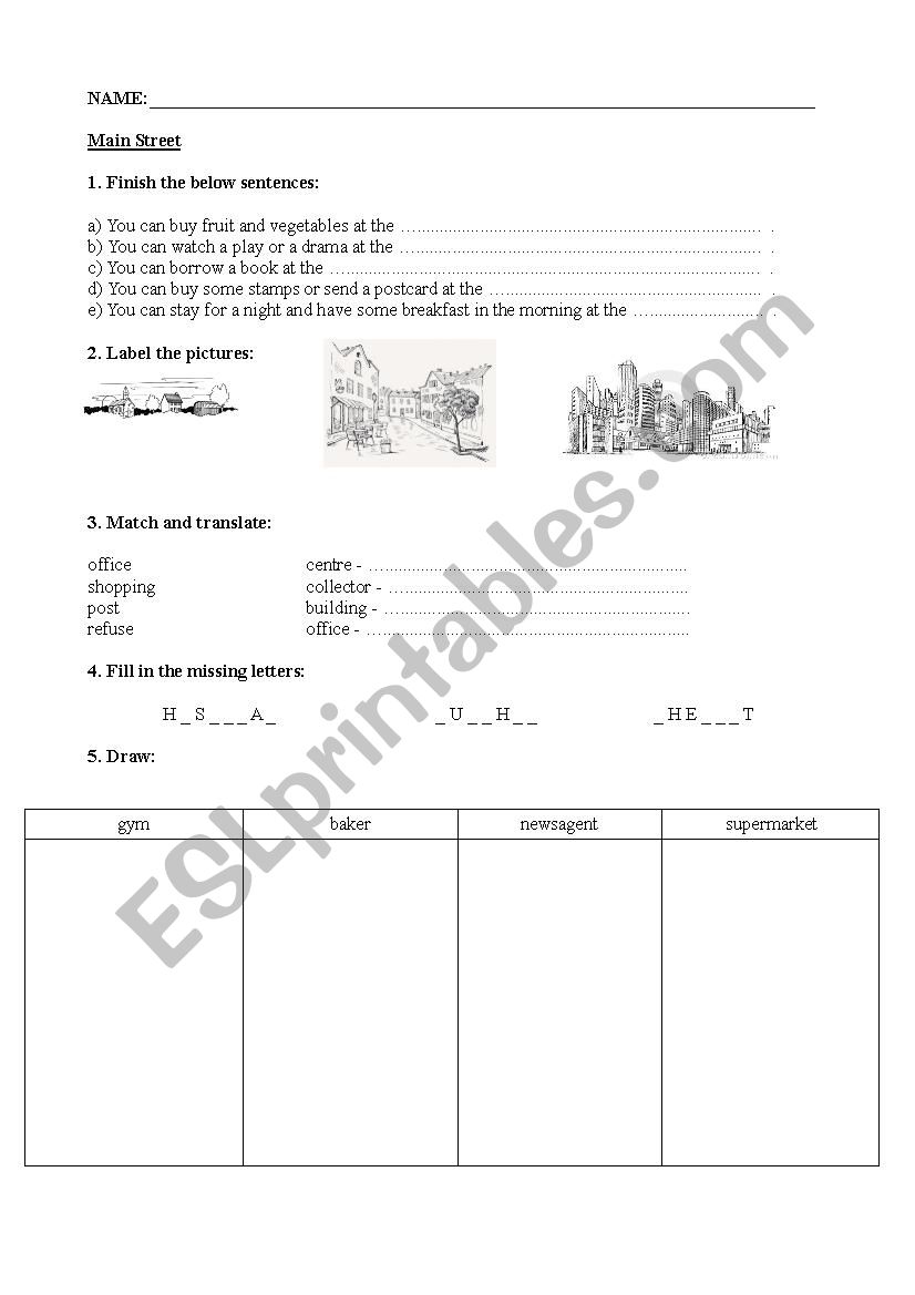 Main Street worksheet