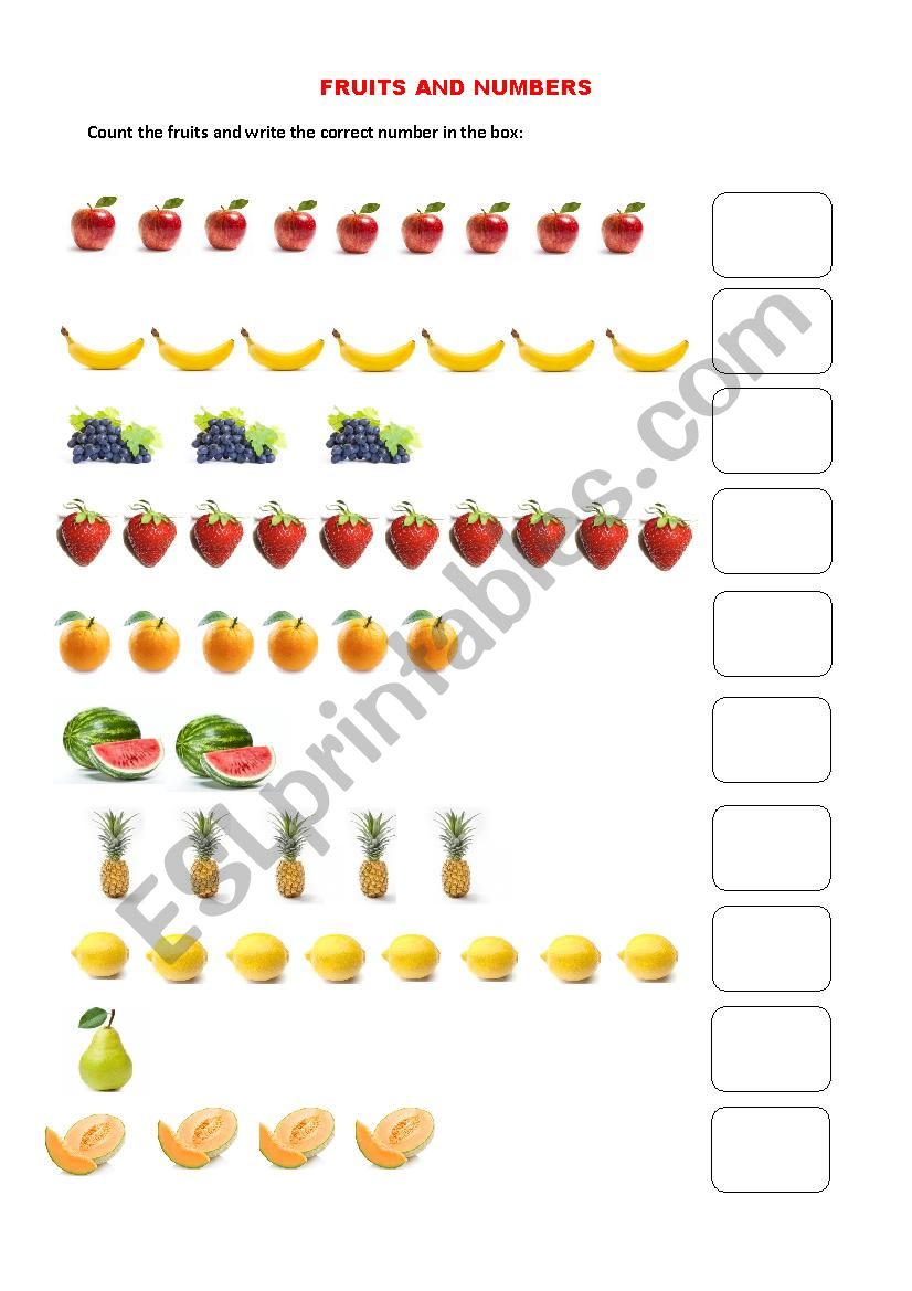 Fruits and number 1-10 worksheet