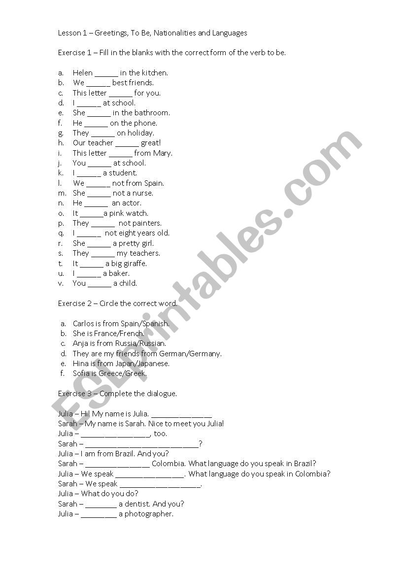 To be exercises worksheet