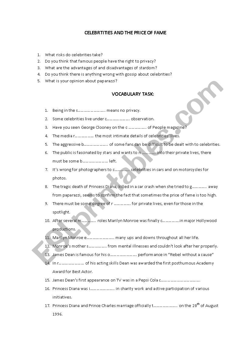 Celebrities and Fame worksheet