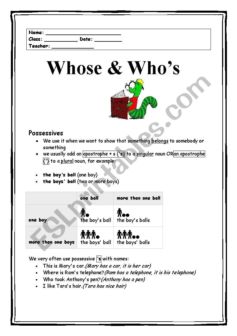 Whose & Whos worksheet