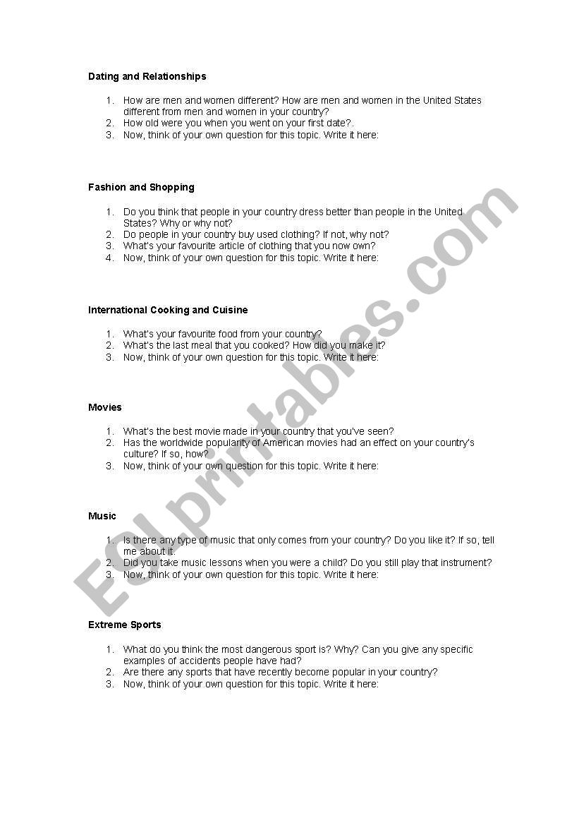 Dating and relationships worksheet