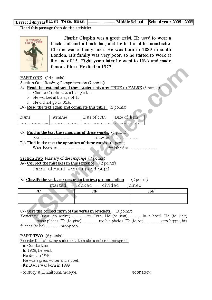 Two exams  about physical appearnce designed for 2nd and 3re year Algerian students + correction