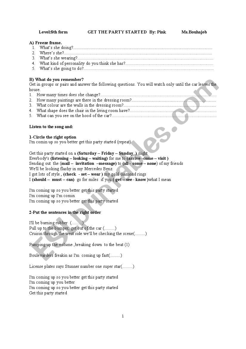 get the party stared pink worksheet