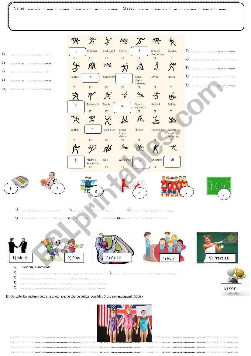 Sports test vocabulary and writing