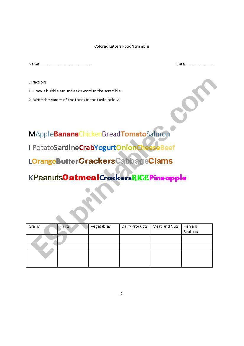 Colored Letters Food Scrambe worksheet