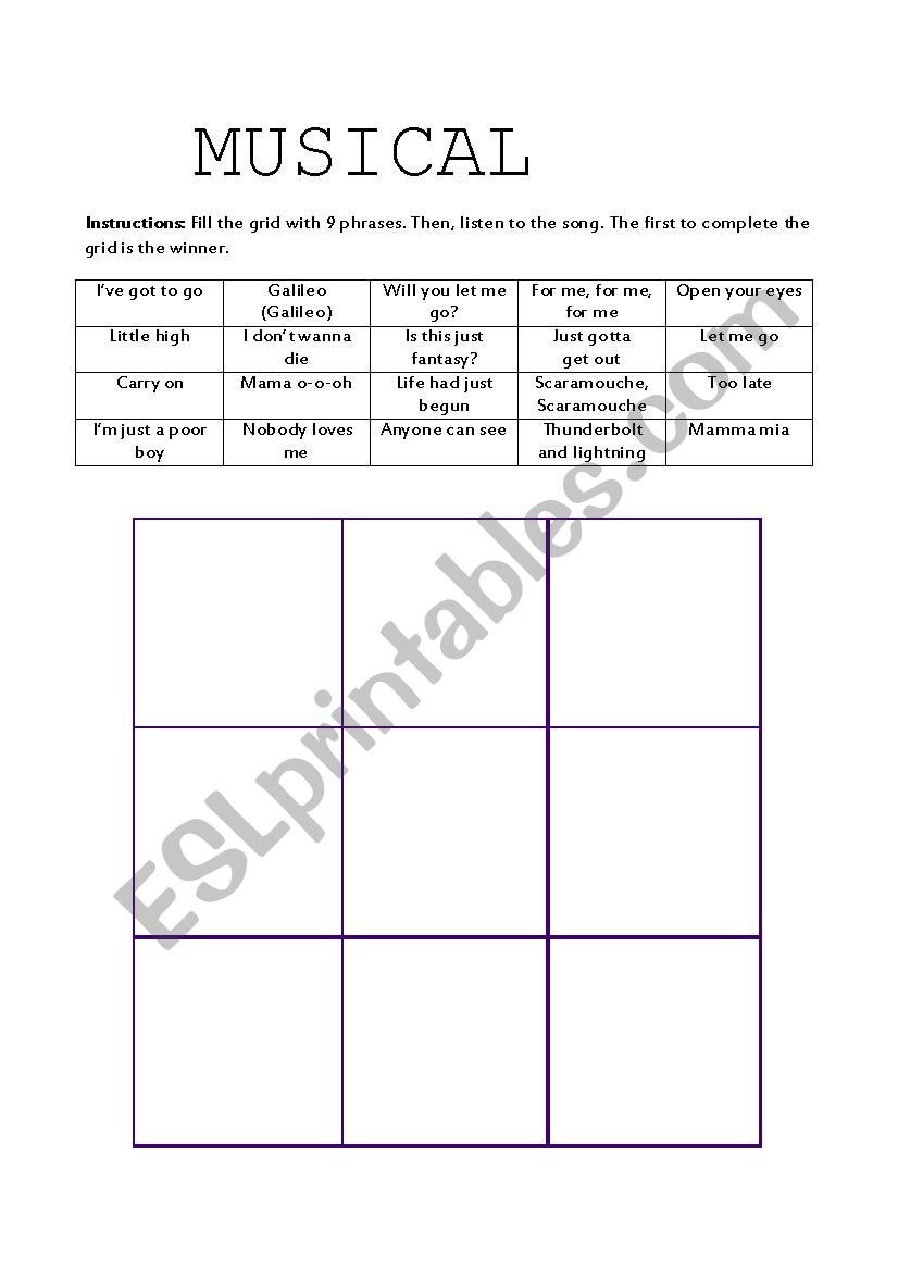 Musical Bingo: Bohemian Rhapsody (w/ lyrics)