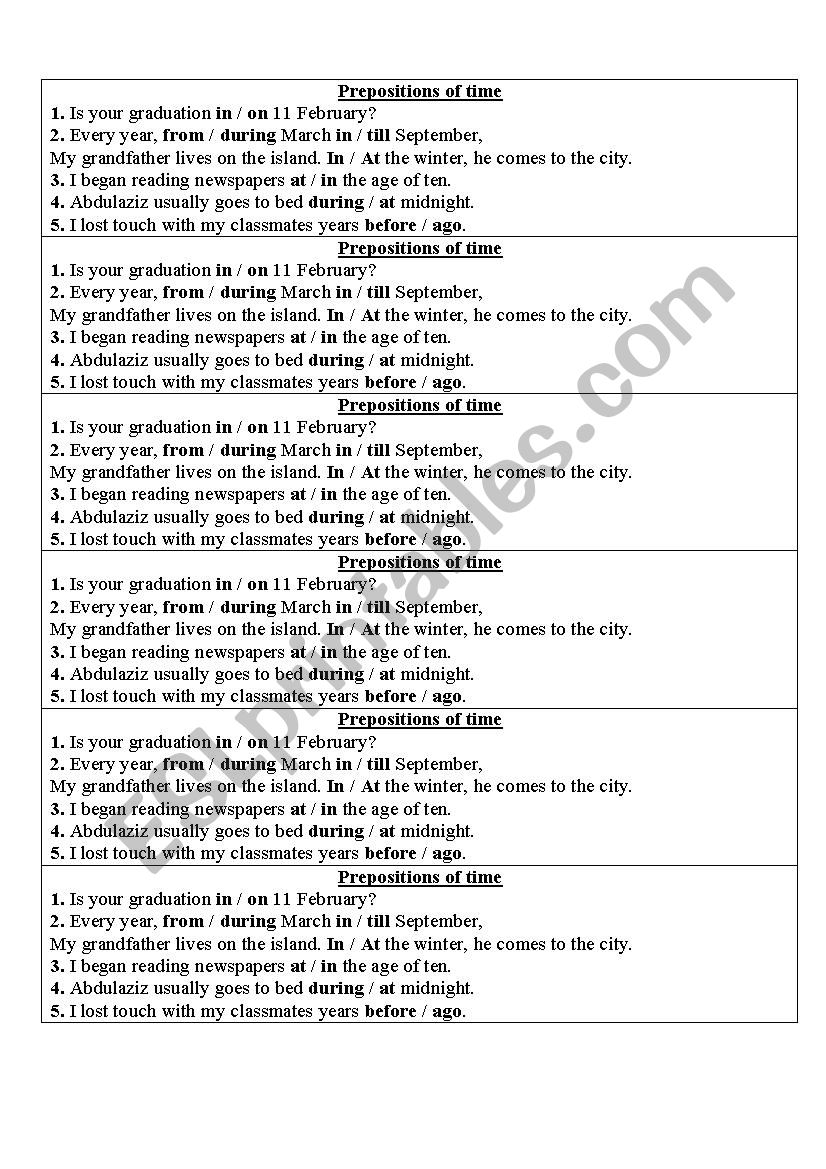 preposition of time worksheet