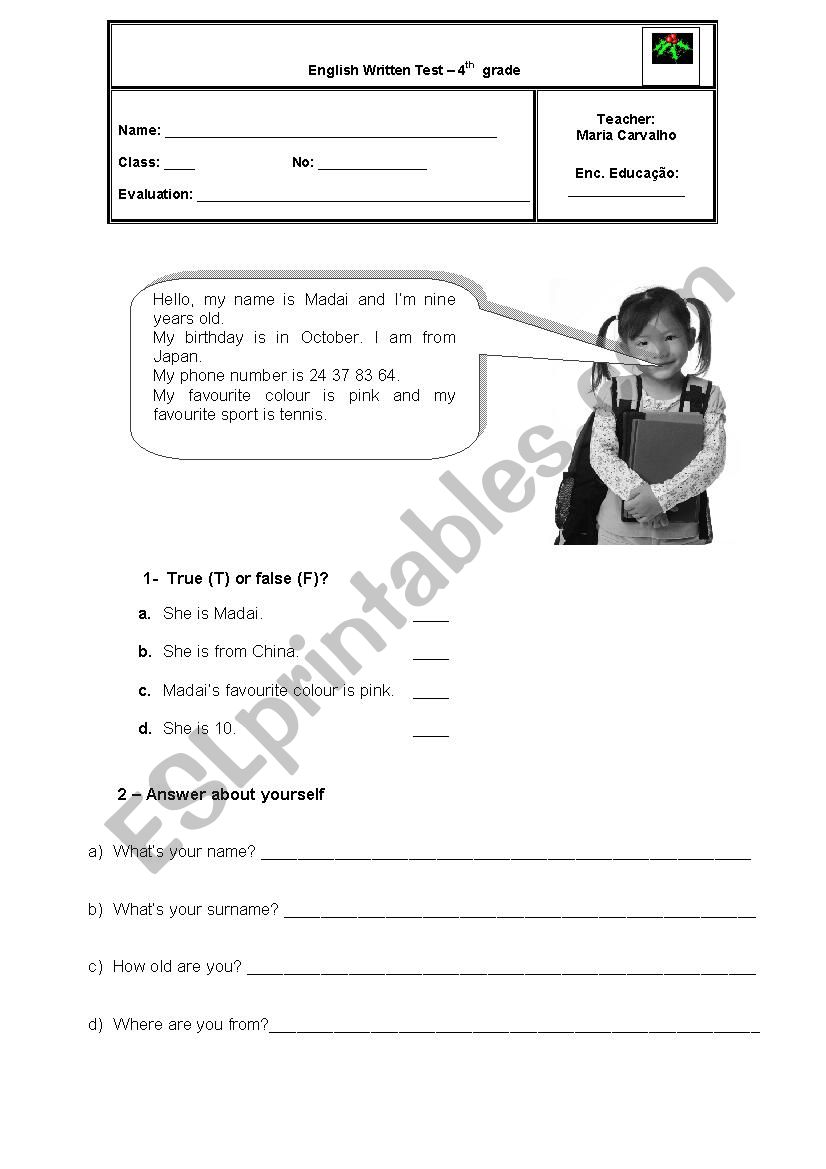 English Test - 4Âºth grade - ESL worksheet by mariabeni
