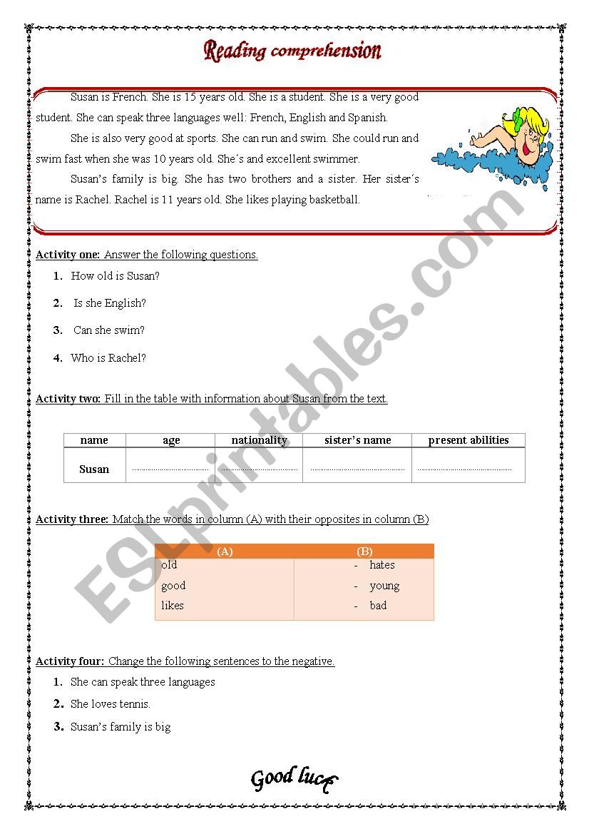 reading comprehension worksheet