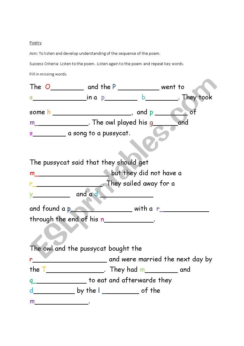 The Owl and the Pussycat. worksheet