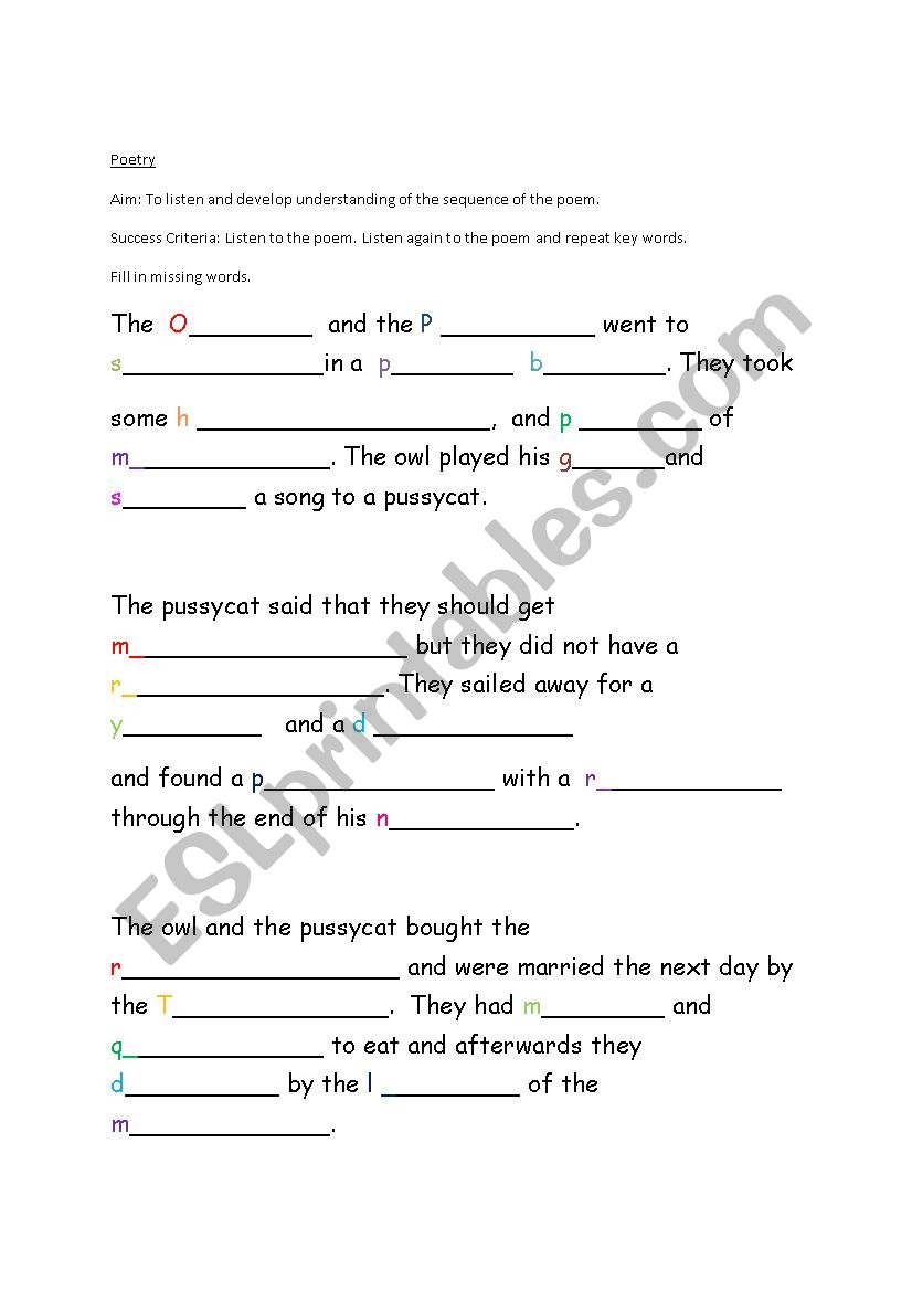 The Owl and the Pussycat. worksheet