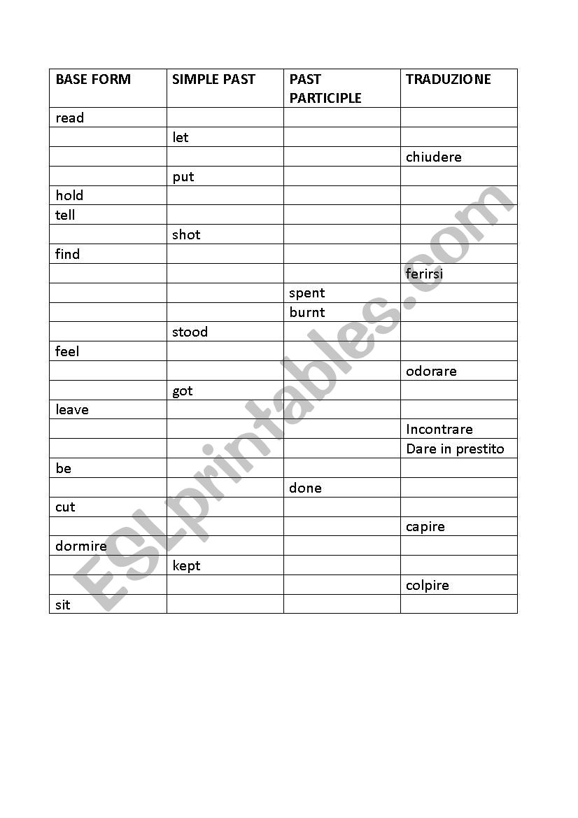 Irregular verbs test worksheet