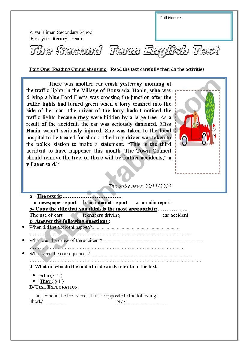 car accident  worksheet