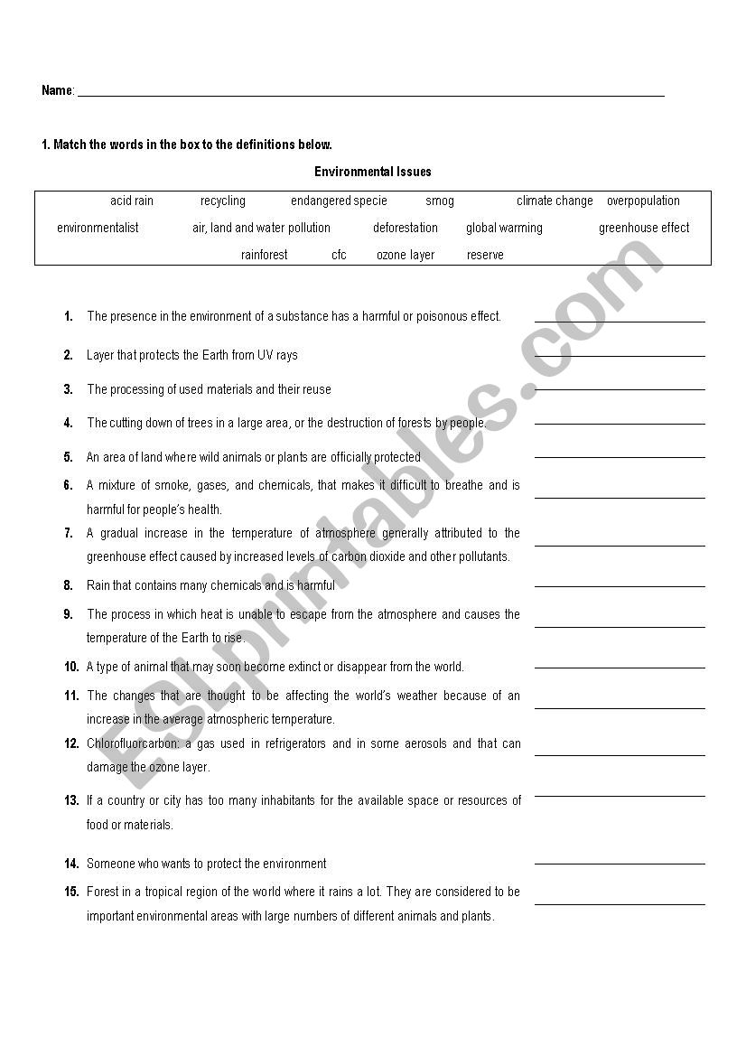 Environmental issues worksheet