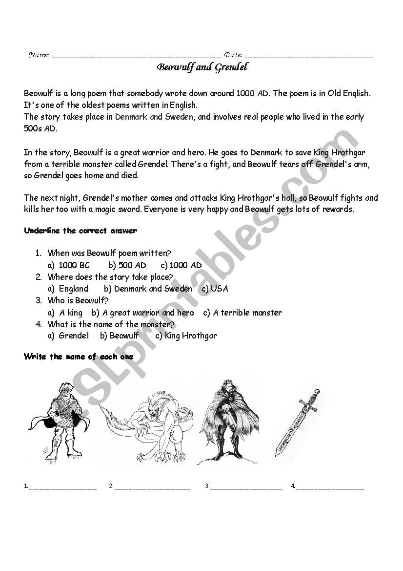 Beowulf and Grendel worksheet