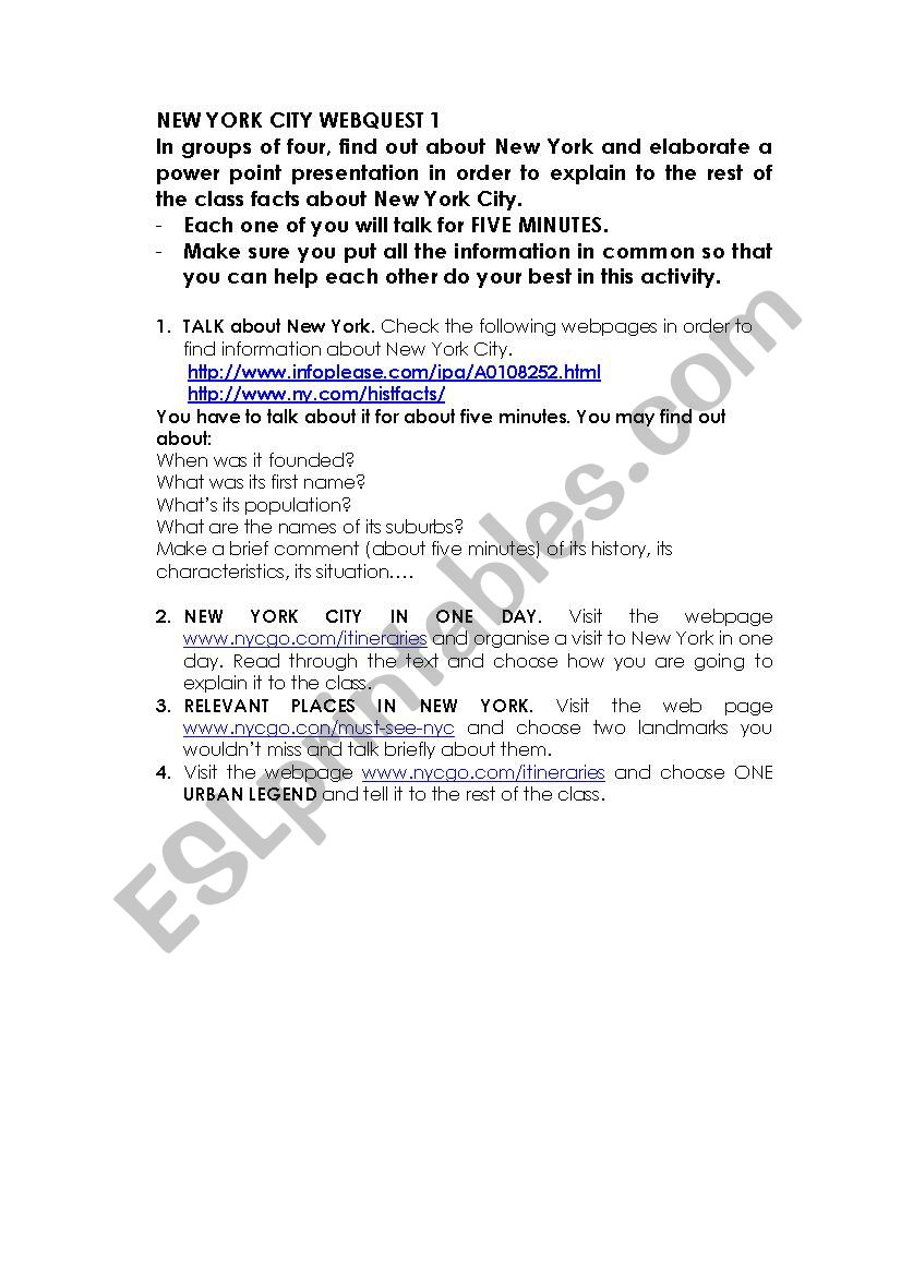 New York City Webquest 1 worksheet