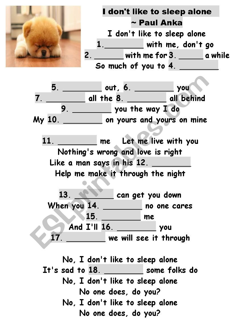 I dont like to sleep alone - Listening exericse with Answer Key