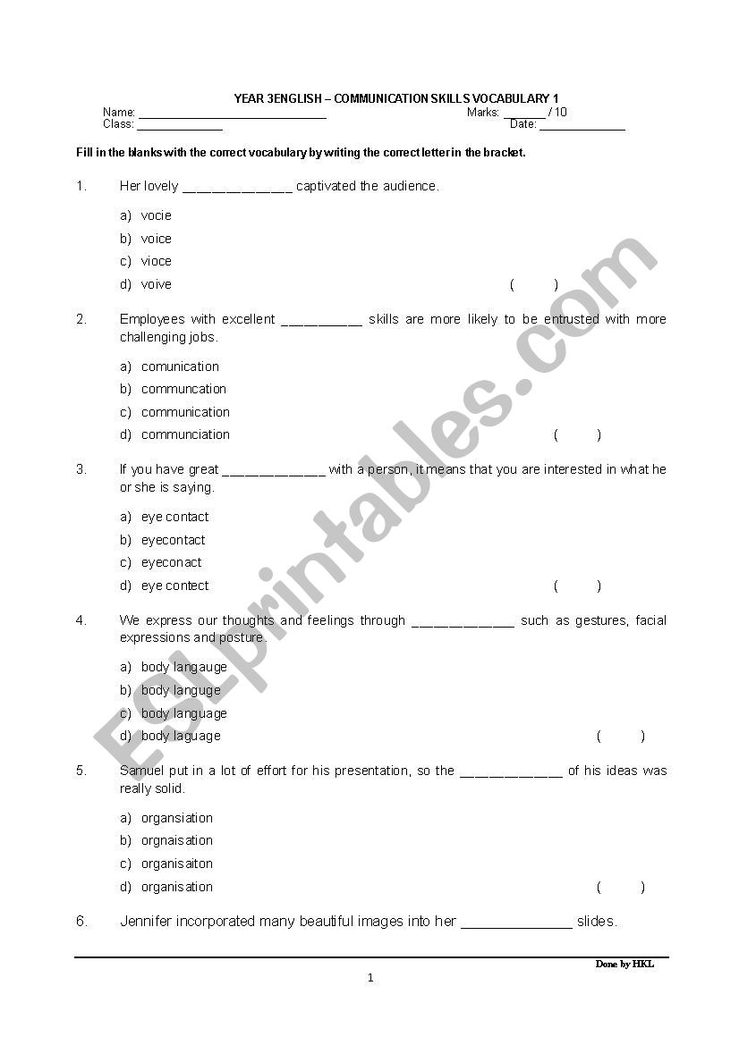 Communication Vocabulary worksheet