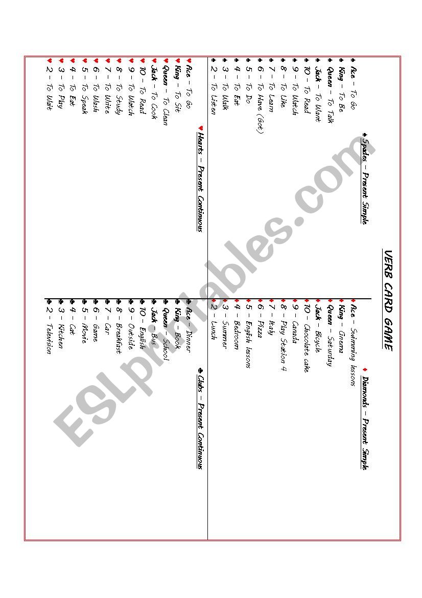 Present Simple Card game worksheet