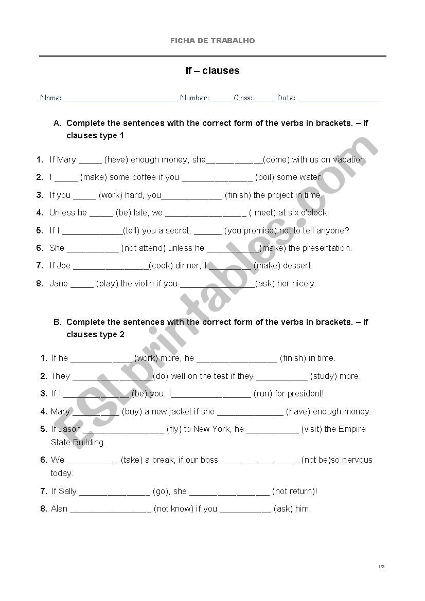 If clauses type 0,1,2 worksheet