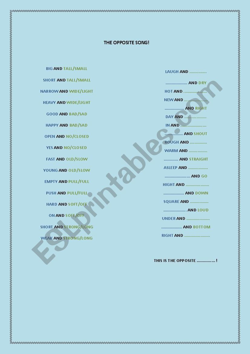 the opposites song worksheet