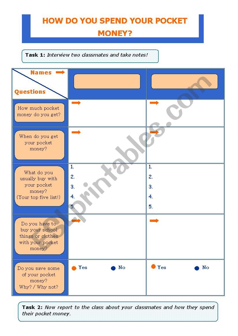 Pocket money worksheet