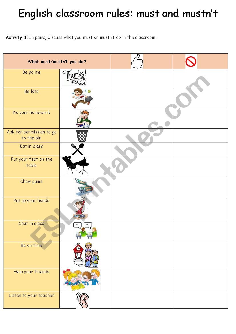 English classroom rules worksheet