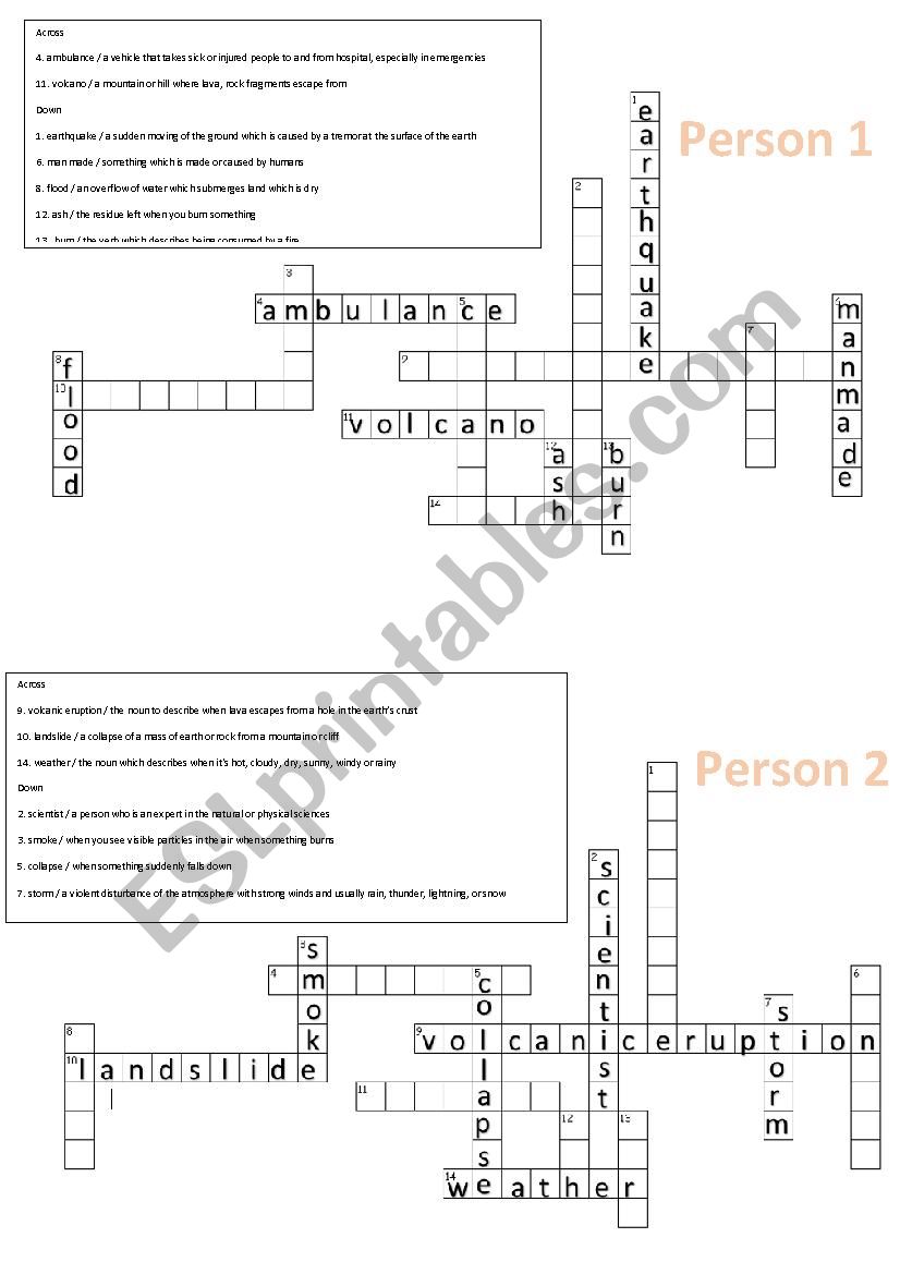 Natural diasters pairwork crossword