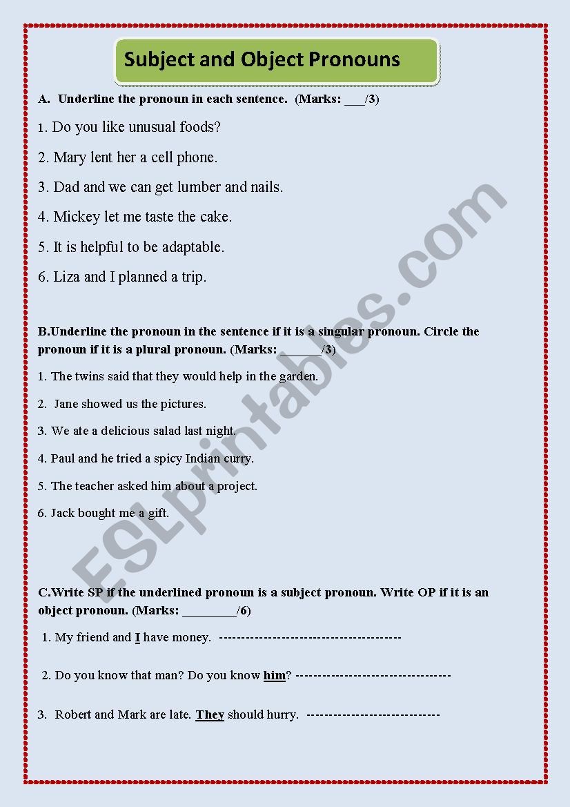 Grammar Test (Subject and Object Pronouns)