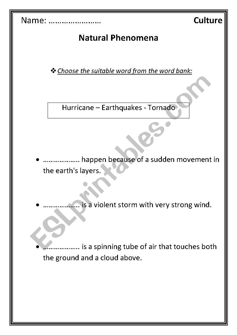 natural disasters worksheet