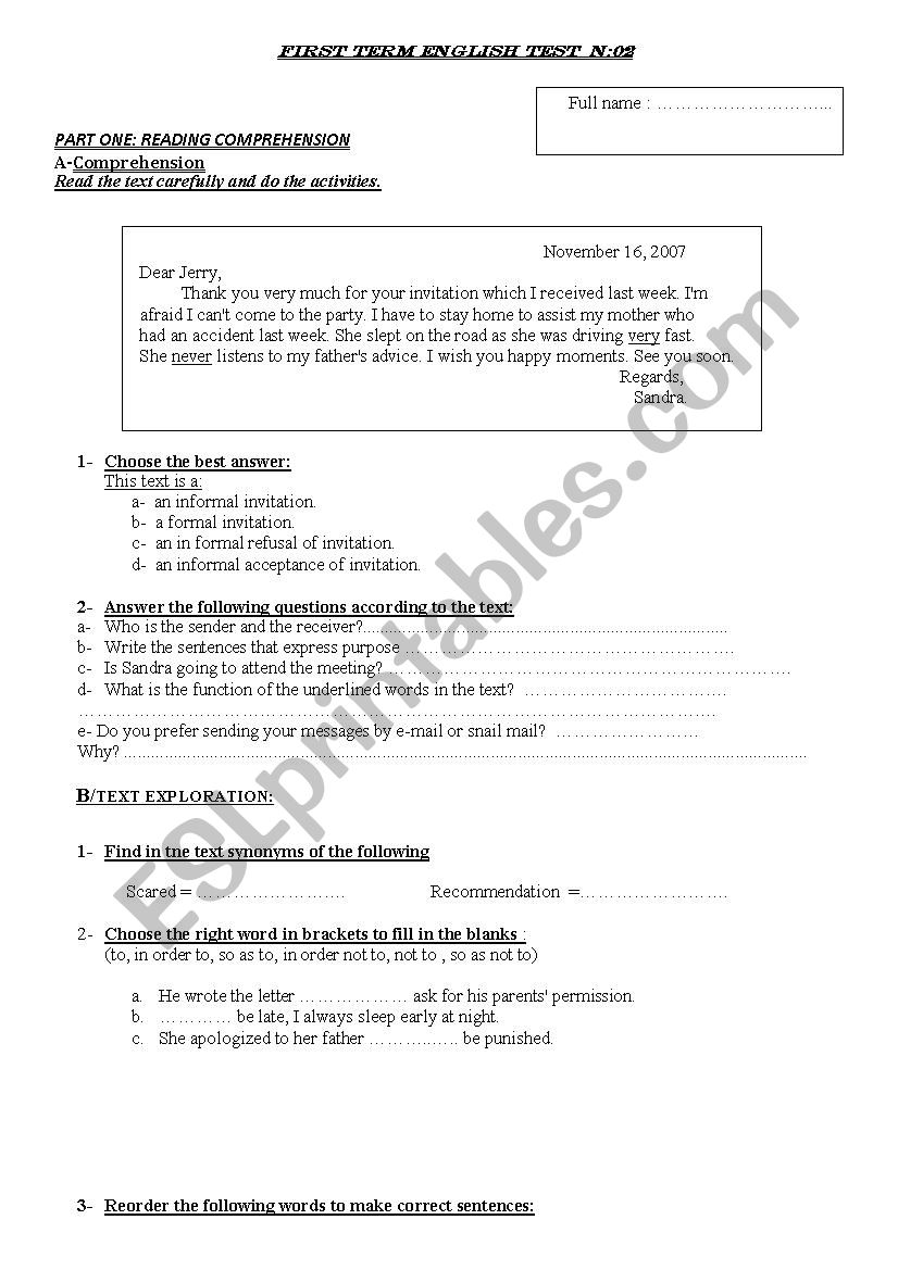 test about writing letters worksheet