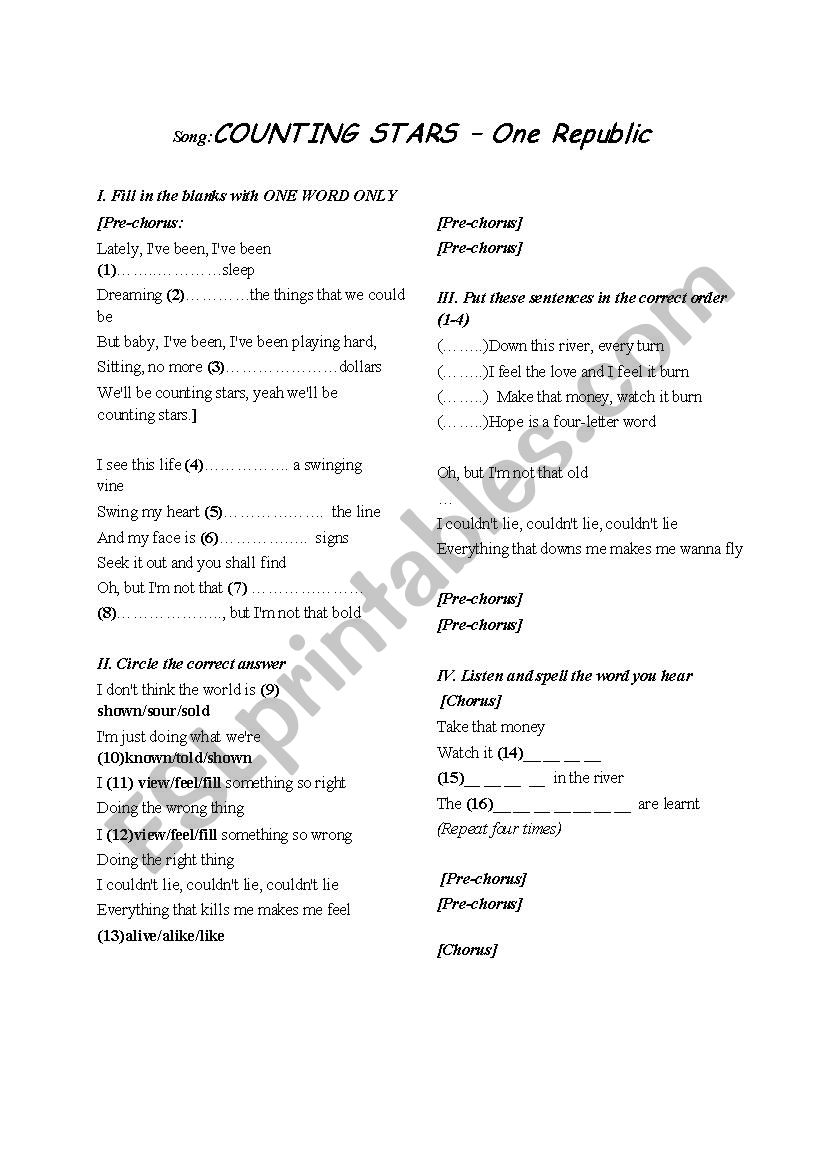 Song- Counting stars worksheet