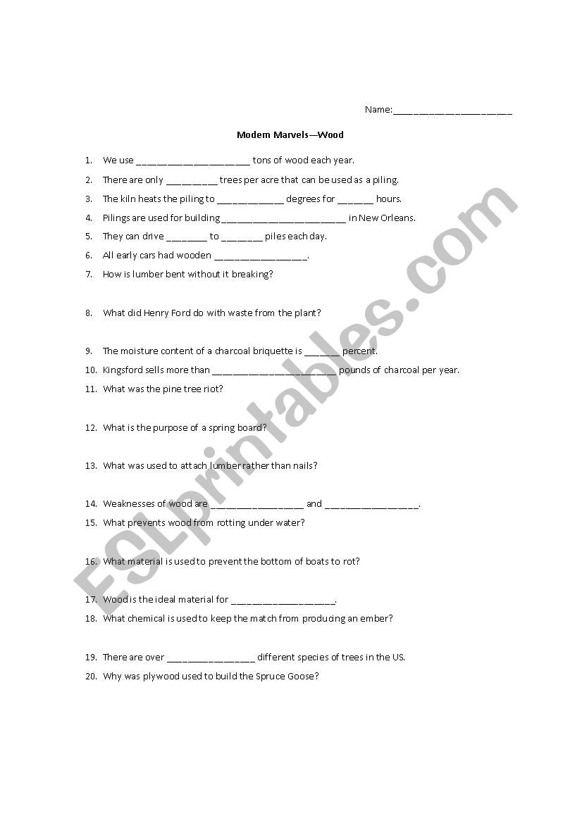 Modern Marvels Wood Esl Worksheet By Chefnick83