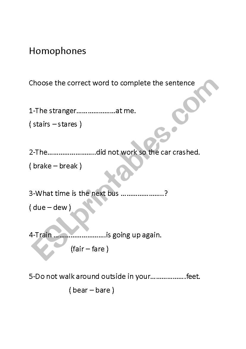 homophones worksheet