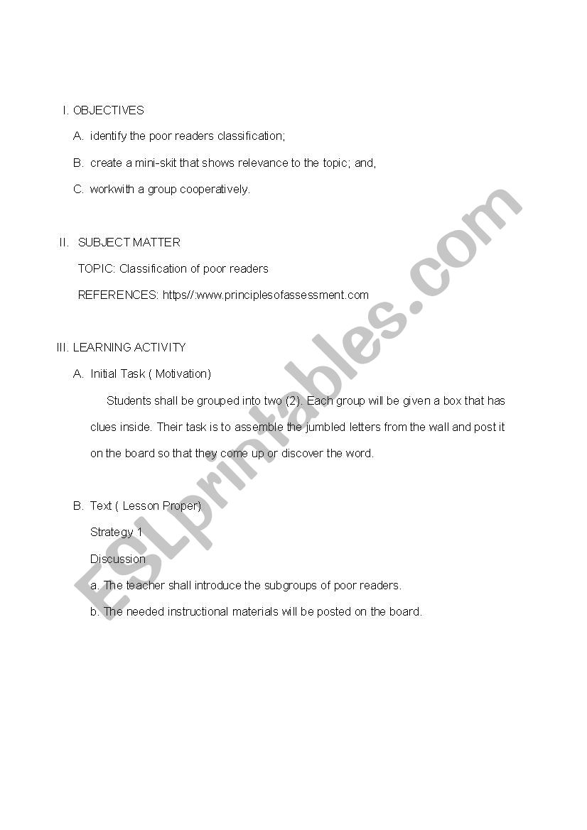 Remedial reading  worksheet