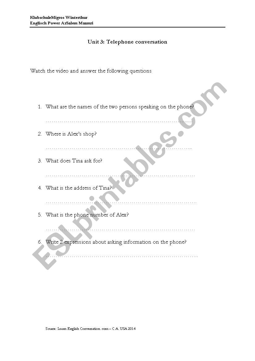 Telephone conversation worksheet