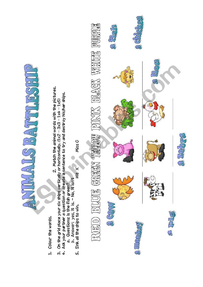 Animals/colours battleship worksheet