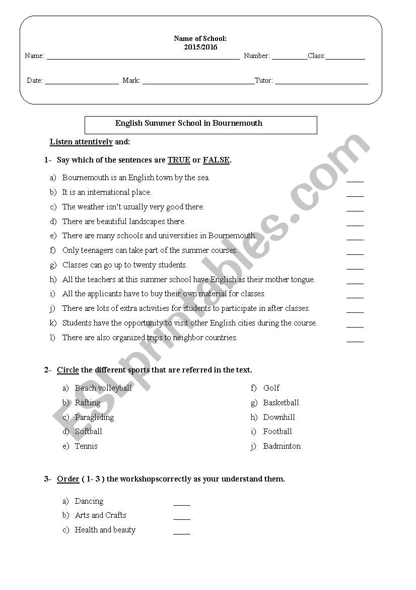 Listening test about the 10th grade topic Youth, Mobility and Languages