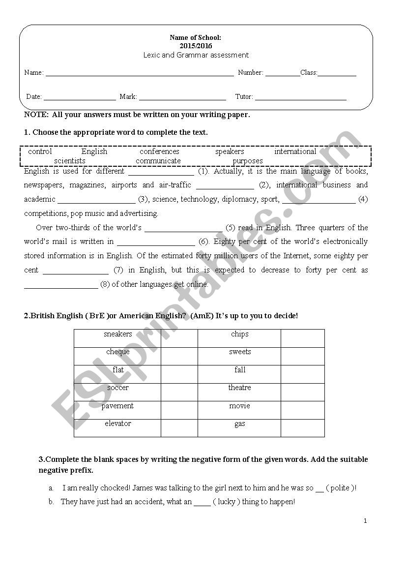 Lexic and gramar evaluation on the Topic The Importance of English- 10th grade