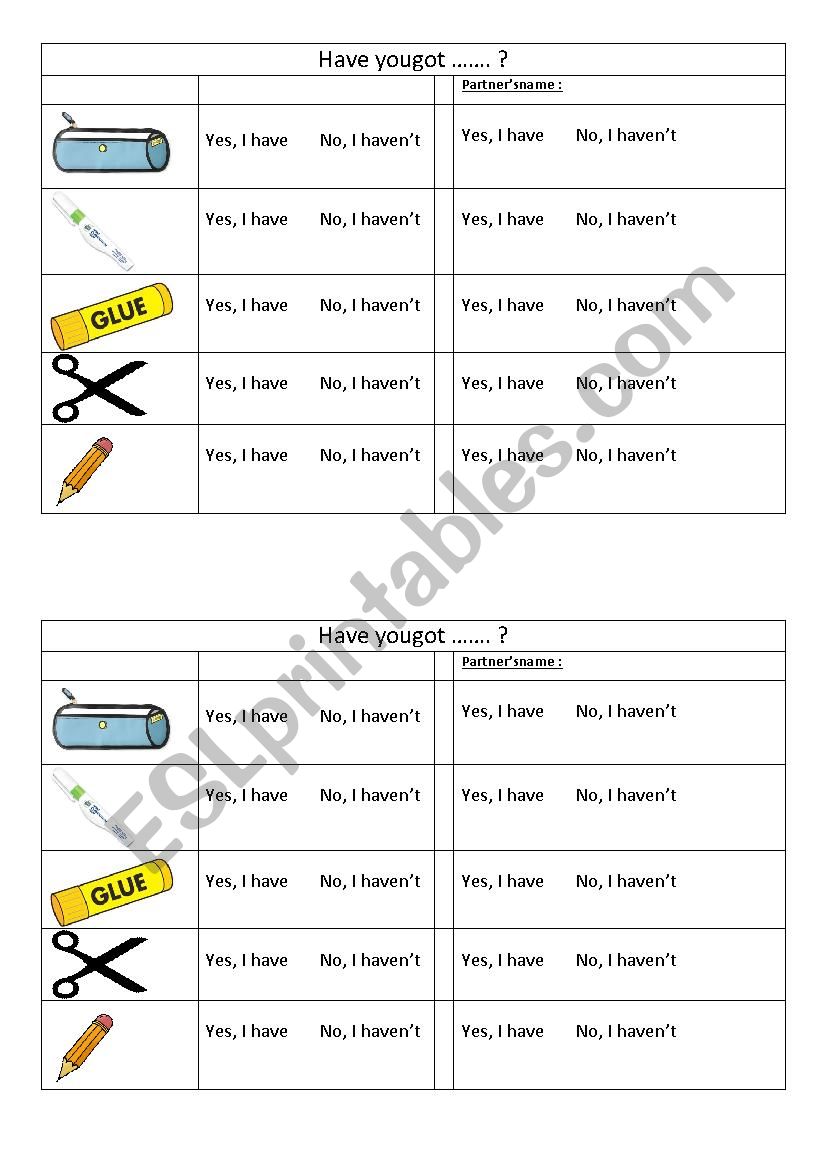 Pair work: have got / school things