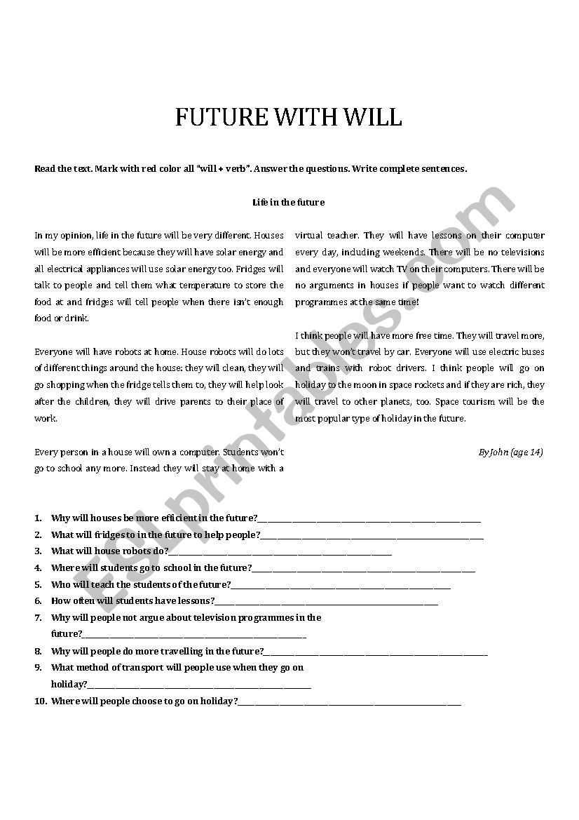 Life in the future worksheet