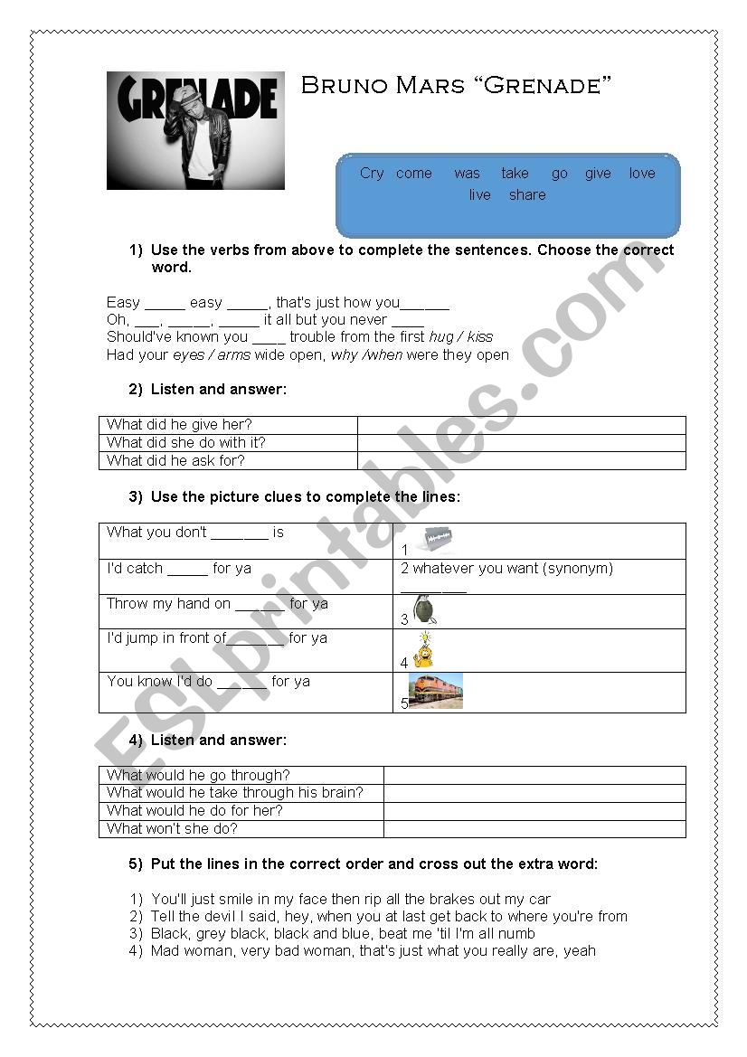 Grenade by Bruno Mars worksheet