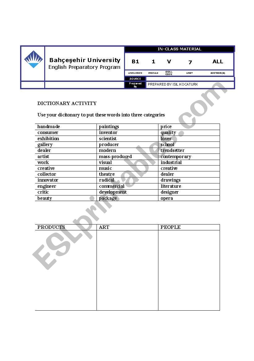 DICTIONARY ACTIVITY worksheet