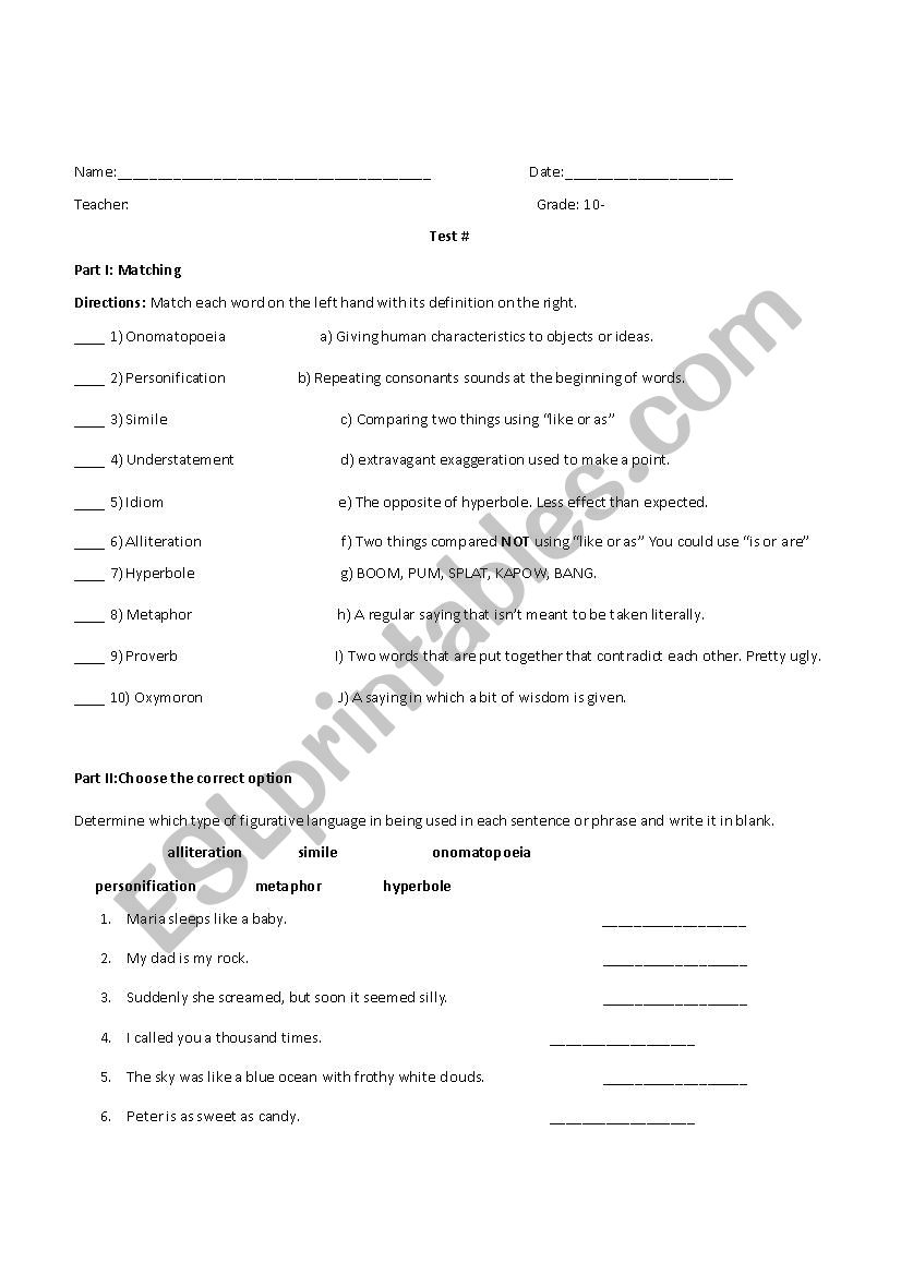 Figurative language worksheet