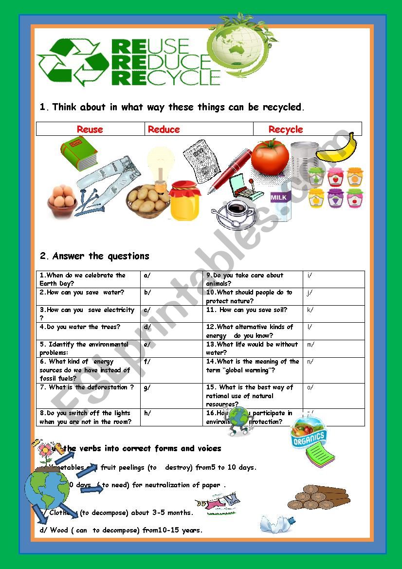 REDUCE,REUSE,RECYCLE worksheet